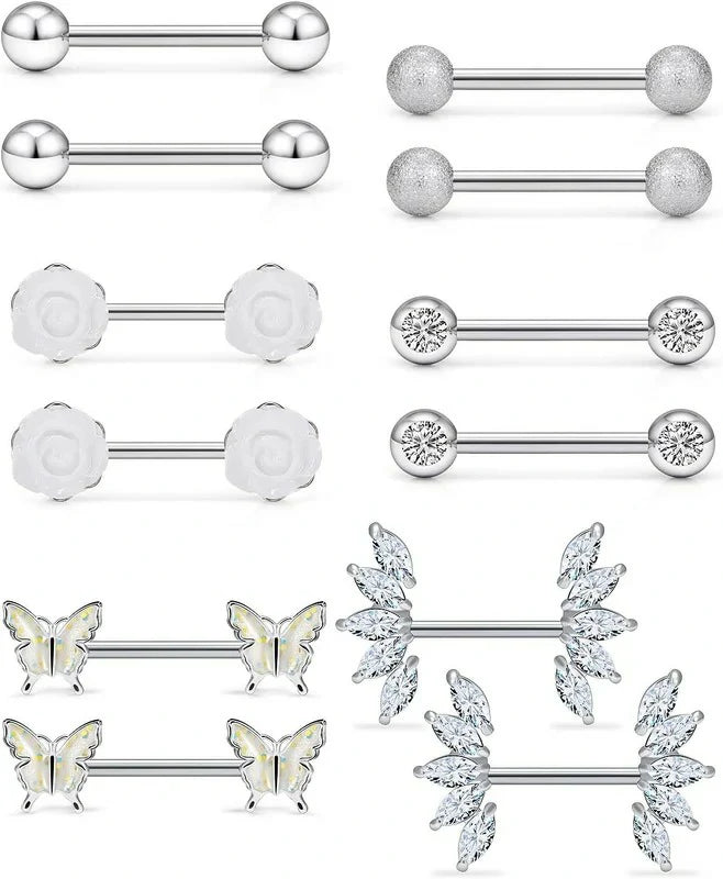 14G Nipple Rings Butterfly & Flower Piercing Jewelry - Surgical Steel, Cubic Zirconia, Silver, Black, Rainbow, Rose Gold