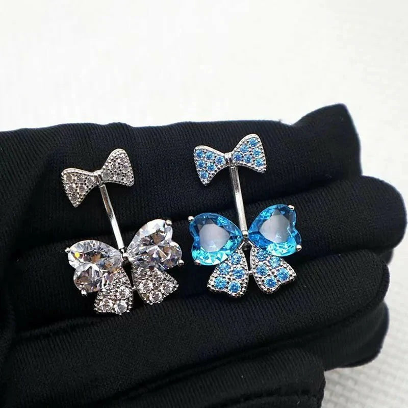 14G Rhinestone Bowknot Stainless Steel CZ Crystal Bow Navel Curved Barbell