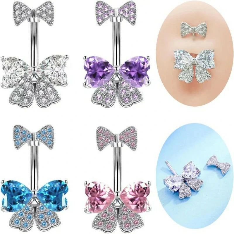 14G Rhinestone Bowknot Stainless Steel CZ Crystal Bow Navel Curved Barbell