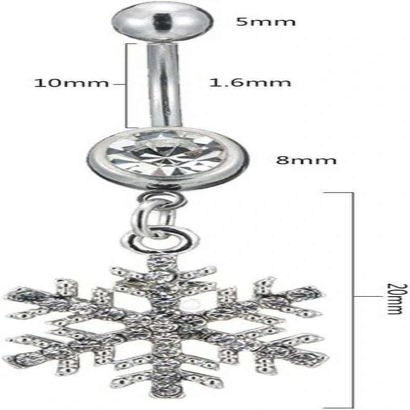 14G Sparkle Rhinestone Snowflake Dangle Belly Button Ring Hypoallergenic Surgical Steel Navel Rings Curved Barbell