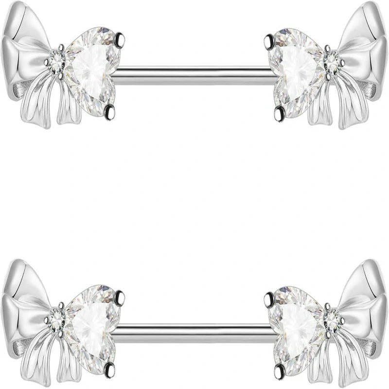 14G Stainless Steel Bowknot Nipple Rings 316L Heart CZ Nipple Barbell Rings