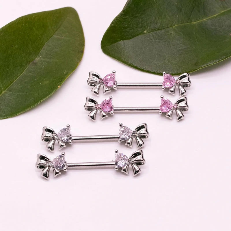 14G Stainless Steel Bowknot Nipple Rings 316L Heart CZ Nipple Barbell Rings