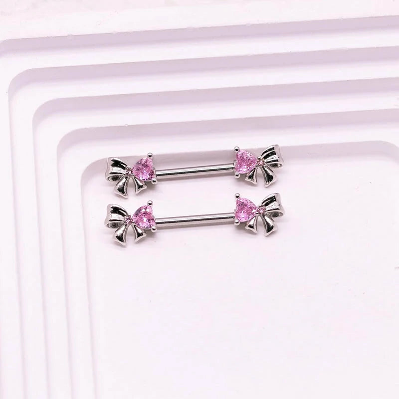 14G Stainless Steel Bowknot Nipple Rings 316L Heart CZ Nipple Barbell Rings