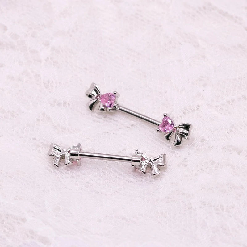 14G Stainless Steel Bowknot Nipple Rings 316L Heart CZ Nipple Barbell Rings