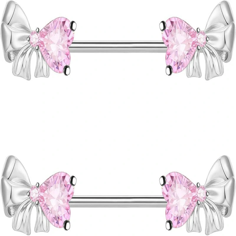 14G Stainless Steel Bowknot Nipple Rings 316L Heart CZ Nipple Barbell Rings
