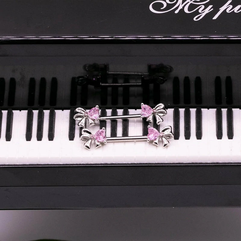 14G Stainless Steel Bowknot Nipple Rings 316L Heart CZ Nipple Barbell Rings