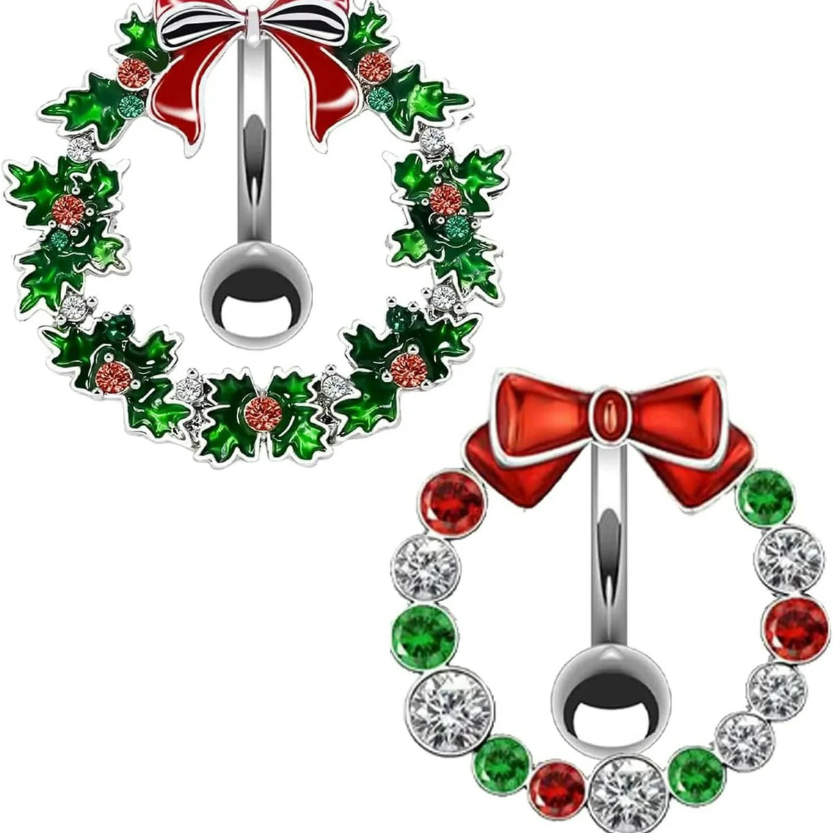 14G Stainless Steel Christmas Wreath Belly Button Rings Christmas CZ Belly Button Barbell Rings