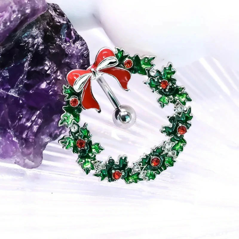14G Stainless Steel Christmas Wreath Belly Button Rings Christmas CZ Belly Button Barbell Rings