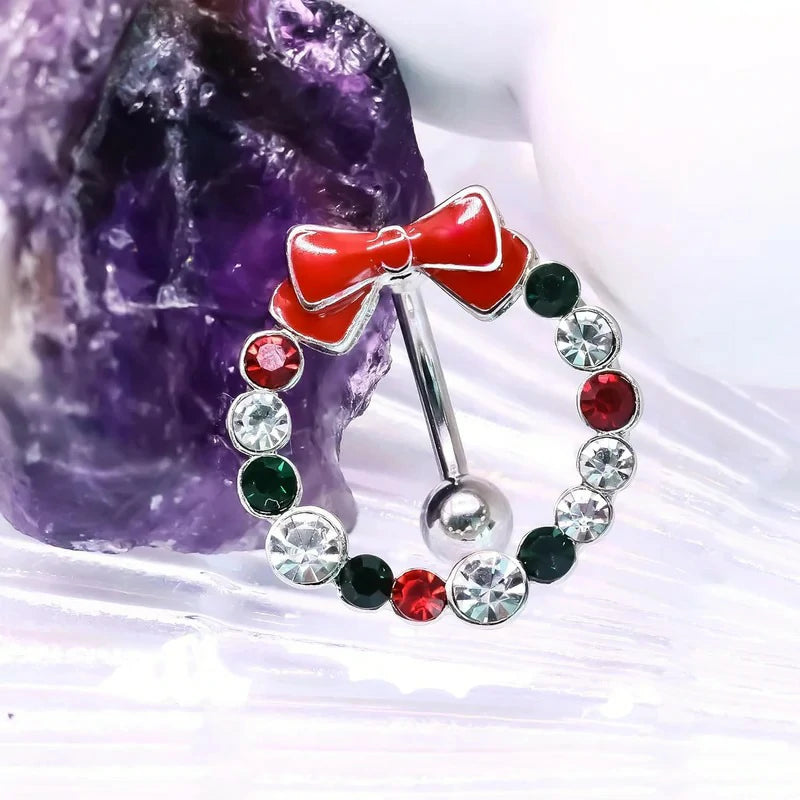 14G Stainless Steel Christmas Wreath Belly Button Rings Christmas CZ Belly Button Barbell Rings