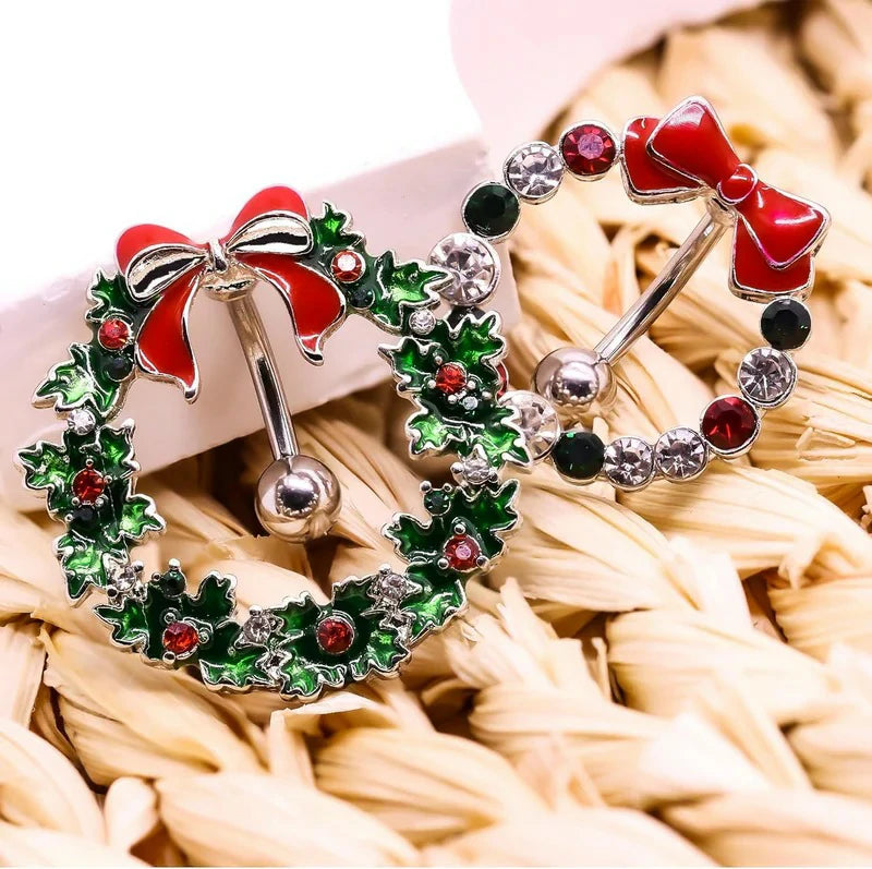 14G Stainless Steel Christmas Wreath Belly Button Rings Christmas CZ Belly Button Barbell Rings