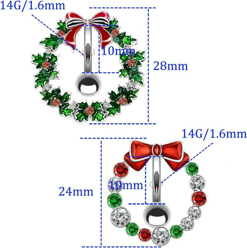 14G Stainless Steel Christmas Wreath Belly Button Rings Christmas CZ Belly Button Barbell Rings
