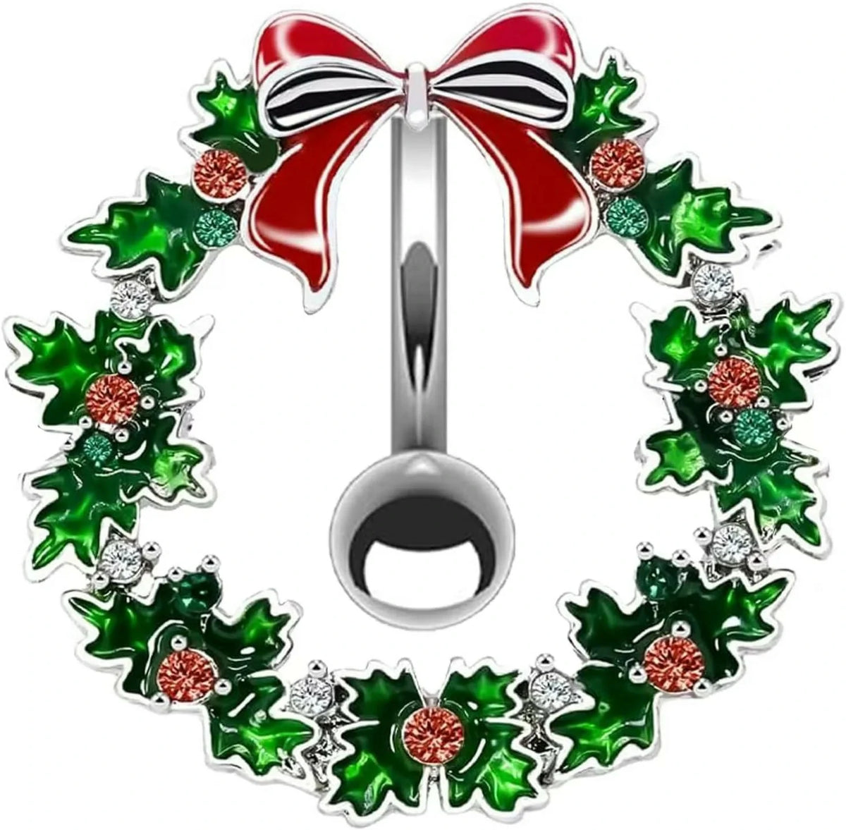 14G Stainless Steel Christmas Wreath Belly Button Rings Christmas CZ Belly Button Barbell Rings