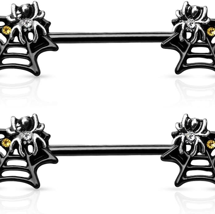 14G Stainless Steel CZ Crystal Black Spider Web Nipple Barbells, Sold as a Pair - QIAO CrystalQIAO CrystalQIAO Crystal