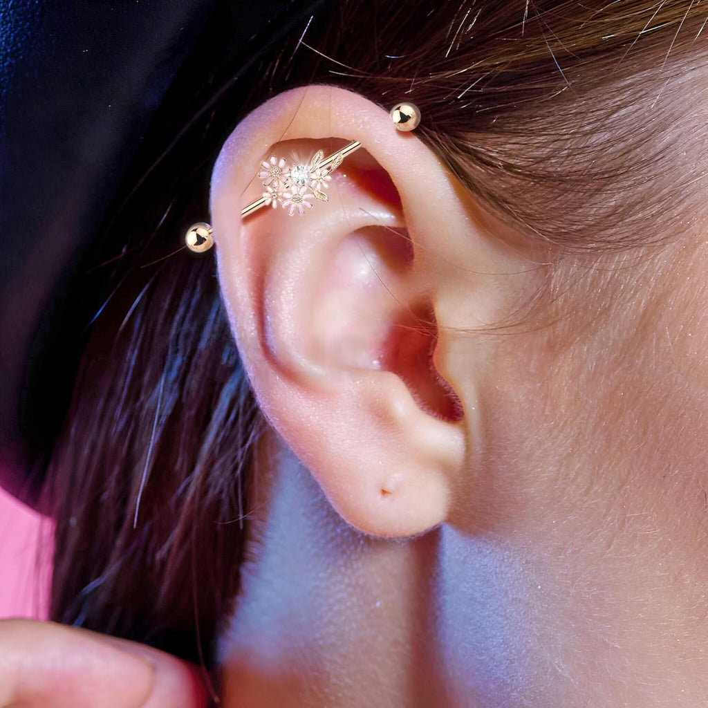 14G Stainless Steel Flower Industrial Barbell Cartilage Earrings 316L Industrial Piercing Bar - QIAO CrystalQIAO CrystalQIAO Crystal