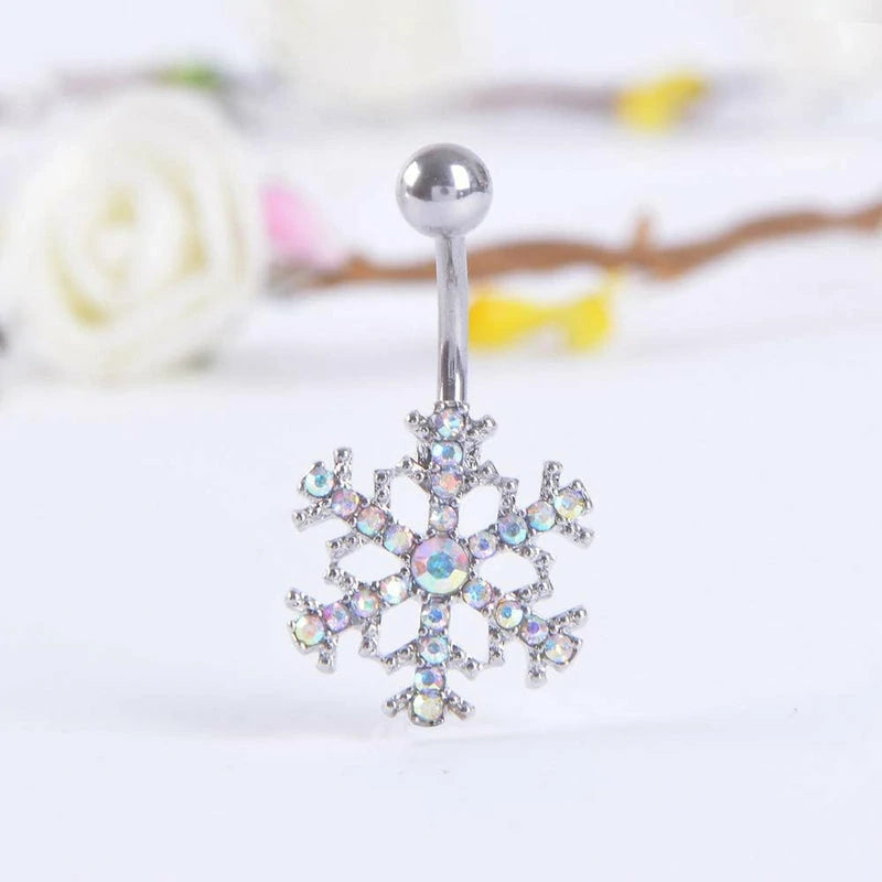 14g Stainless Steel Snowflake AB Color CZ Belly Button Rings Holiday Navel Rings Barbell Piercing