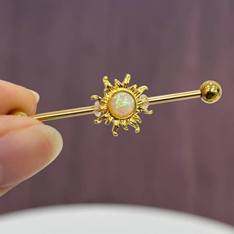 14g-surgical-steel-gold-industrial-barbell-opal-center-golden-blazing-sun-industrial-earrings
