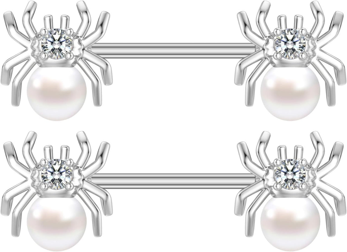 14G White Spider Nipple Rings for Women Surgical Stainless Steel Pearl CZ Spiders Nipplerings Nipple Shield Studs Barbells Halloween Body Piercing Jewelry - QIAO CrystalQIAO CrystalQIAO Crystal