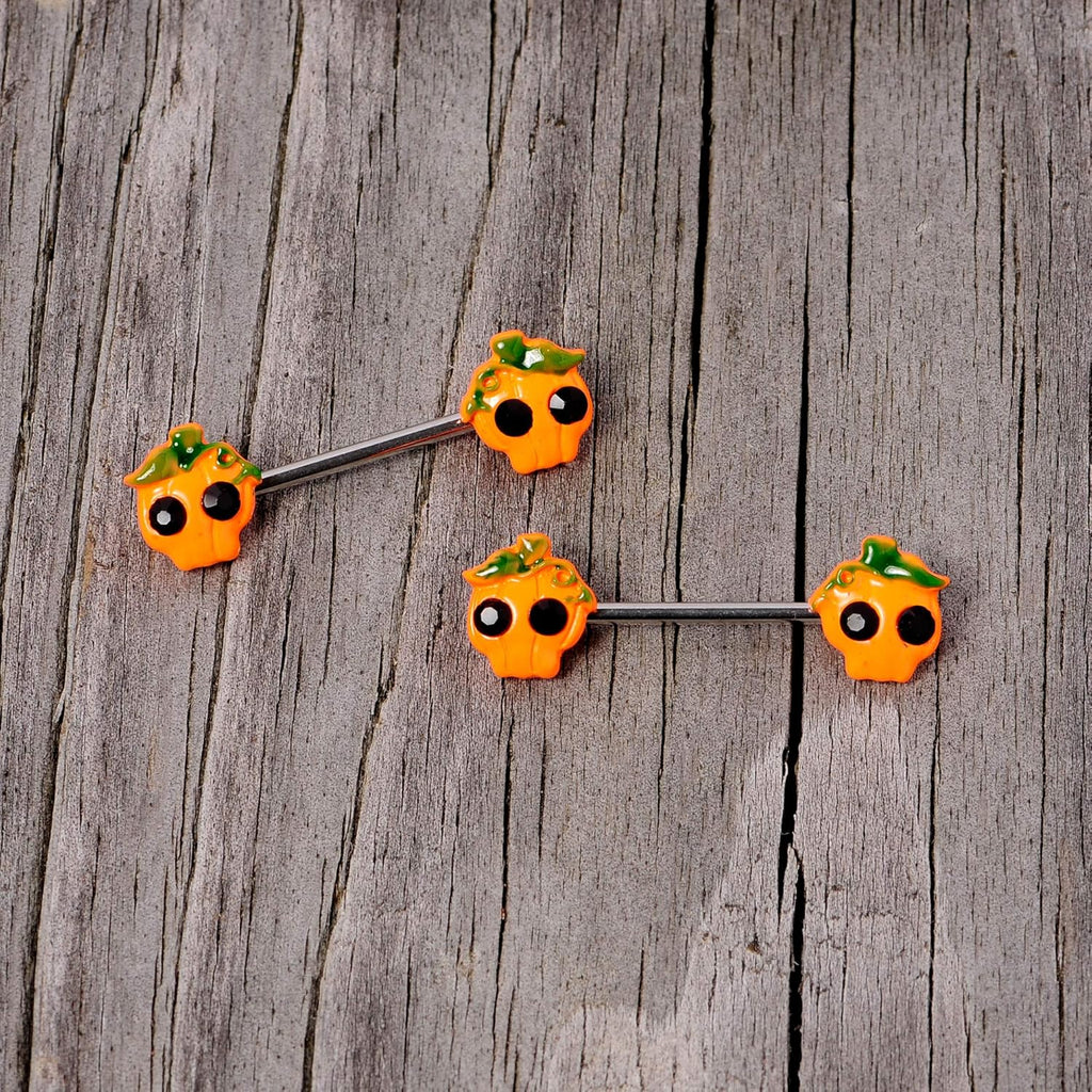 14G Womens Nipplerings Piercing 316L Steel 2Pc Orange Jack O Lantern Pumpkin Nipple Ring Set 5/8" - QIAO CrystalQIAO CrystalQIAO Crystal