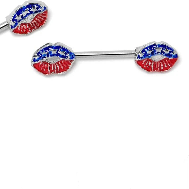 14G Womens Nipplerings Piercing Surgical Steel 2Pc USA Patriotic Kissy Lips Mens Nipple Ring Set