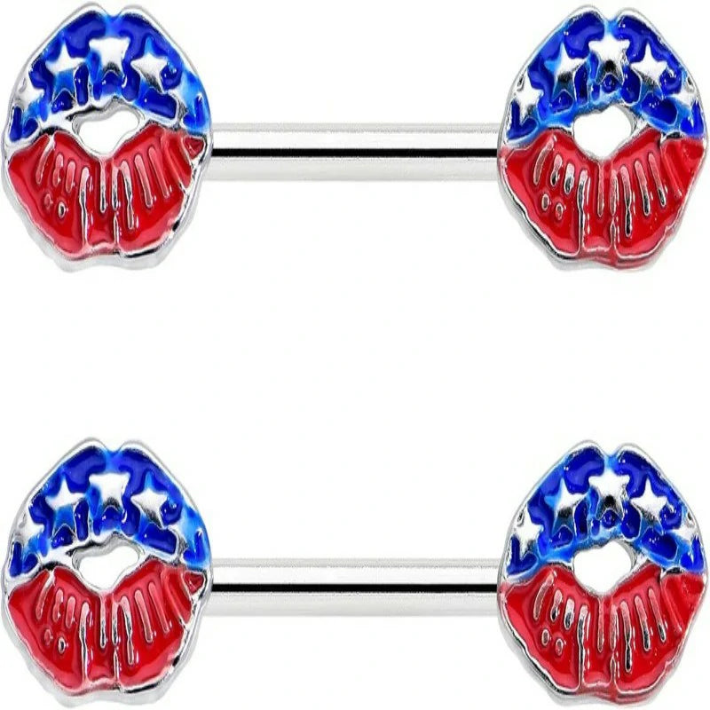 14G Womens Nipplerings Piercing Surgical Steel 2Pc USA Patriotic Kissy Lips Mens Nipple Ring Set