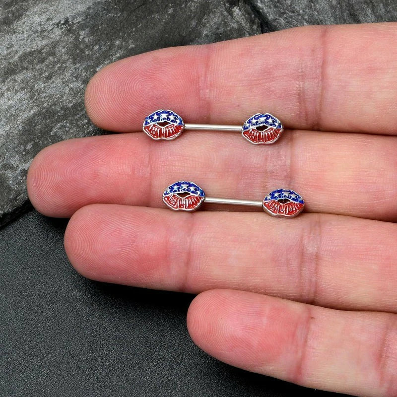 14G Womens Nipplerings Piercing Surgical Steel 2Pc USA Patriotic Kissy Lips Mens Nipple Ring Set