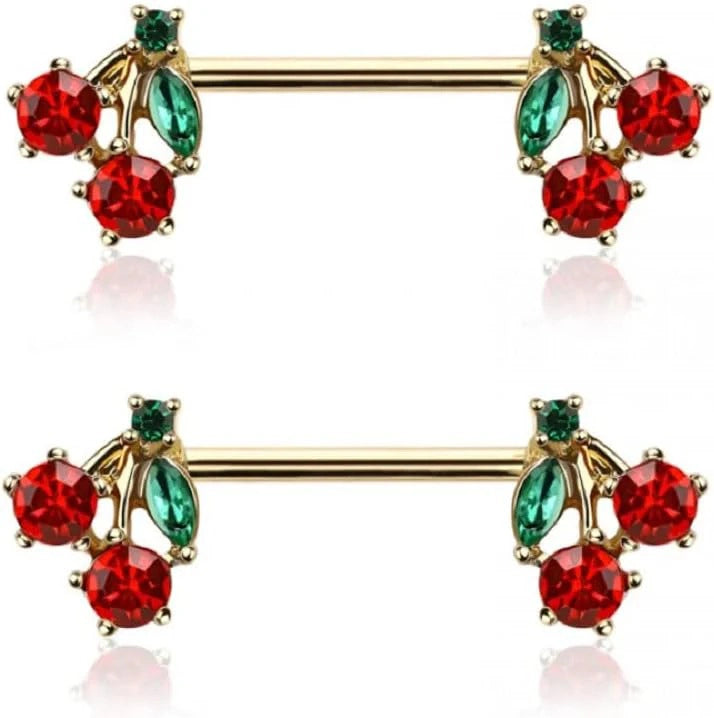 14GA 316L Stainless Steel CZ Crystal Red Cherry Ends Nipple Barbells