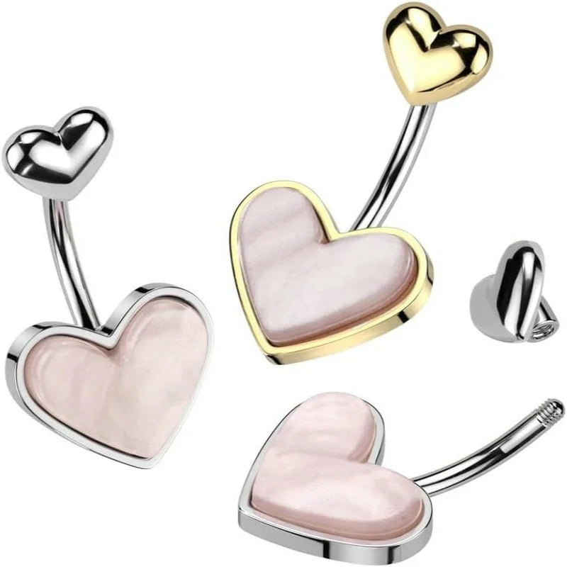 14GA 316L Stainless Steel Mother of Pearl Heart Belly Button Ring