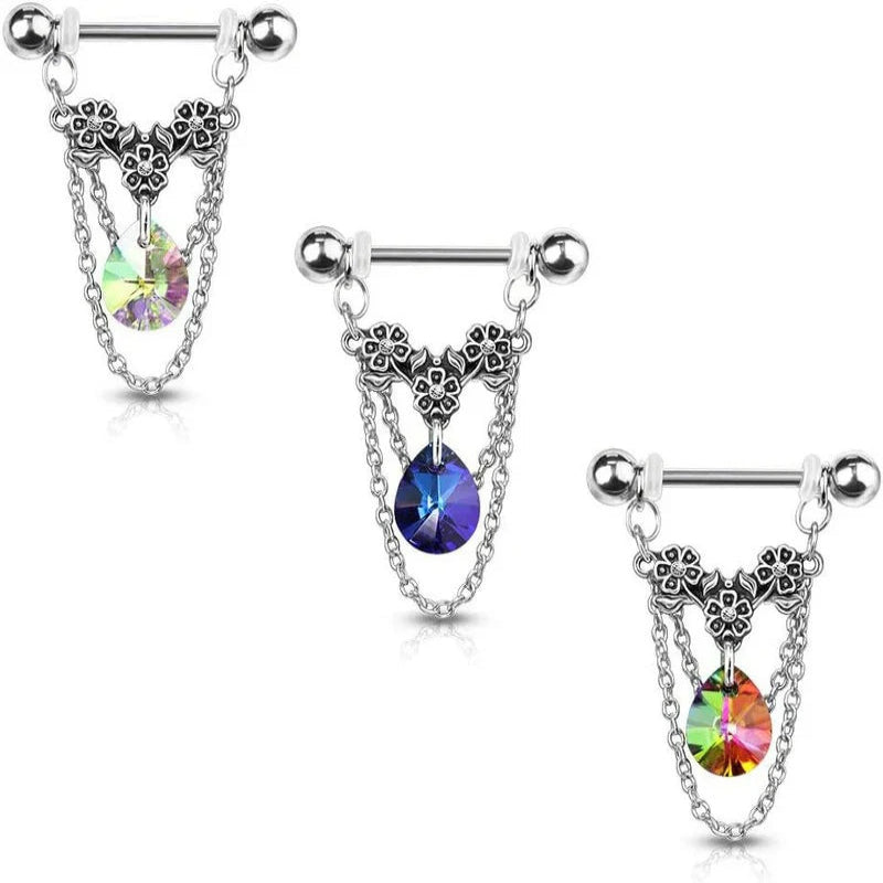 14GA 316L Stainless Steel Triple Flower Dangling Crystal Chains Nipple Barbells