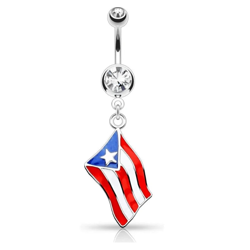14GA Epoxy National Country Flag with Gem Dangling Belly Button Ring