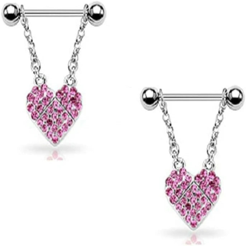 Pierced Heart CZ Paved Dangle 316L Surgical Stainless Steel Barbell Nipple Rings