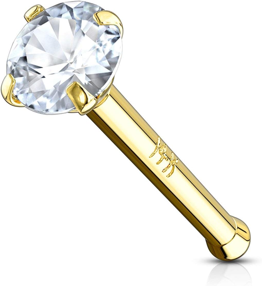 14k Gold Nose Ring 2mm CZ Simulated Diamond Non - Irritating Skin Safe Real Gold - QIAO CrystalQIAO CrystalQIAO Crystal