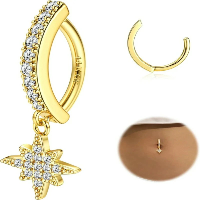 14K Gold Plated Belly Button Rings Clicker Dangle Belly Rings CZ Pearl Star Shells Barbell Navel Rings