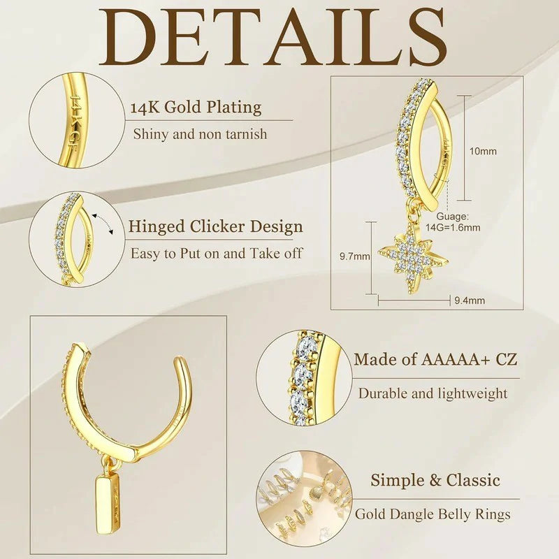 14K Gold Plated Belly Button Rings Clicker Dangle Belly Rings CZ Pearl Star Shells Barbell Navel Rings