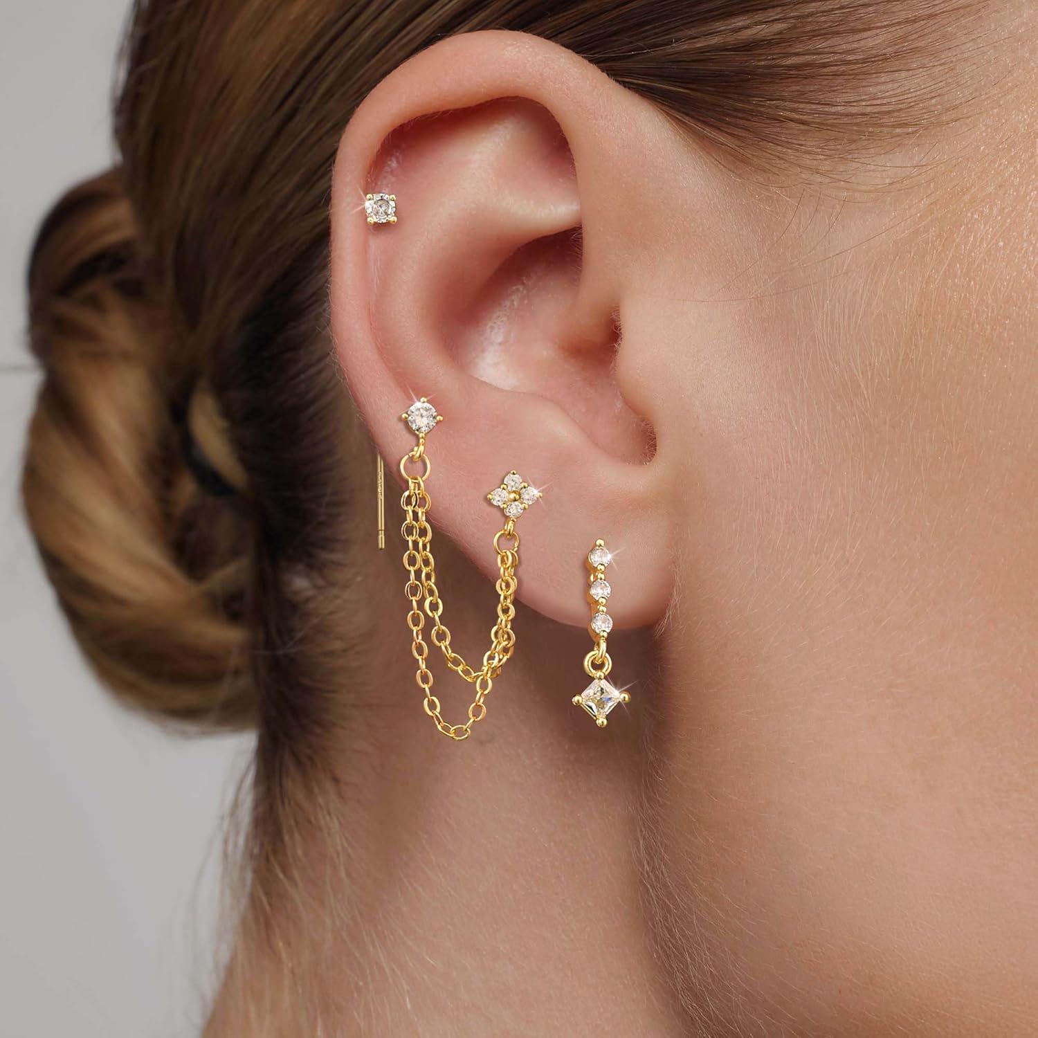 14K Gold Plated Dangle Earrings for Women Dainty Earring Stacks Trendy Hypoallergenic Hoop CZ Stud Chain Threader Earrings Set Jewelry Gift - QIAO CrystalQIAO CrystalQIAO Crystal