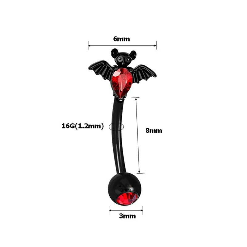16G Black Bat Eyebrow Ring Stainless Steel Red CZ Bats Eyebrow