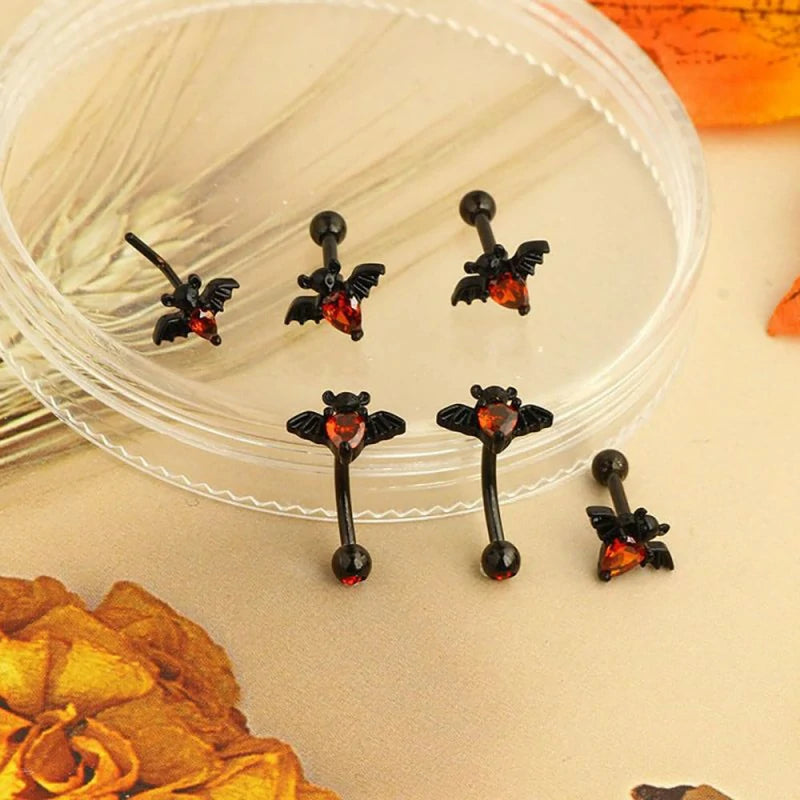 16G Black Bat Eyebrow Ring Stainless Steel Red CZ Bats Eyebrow