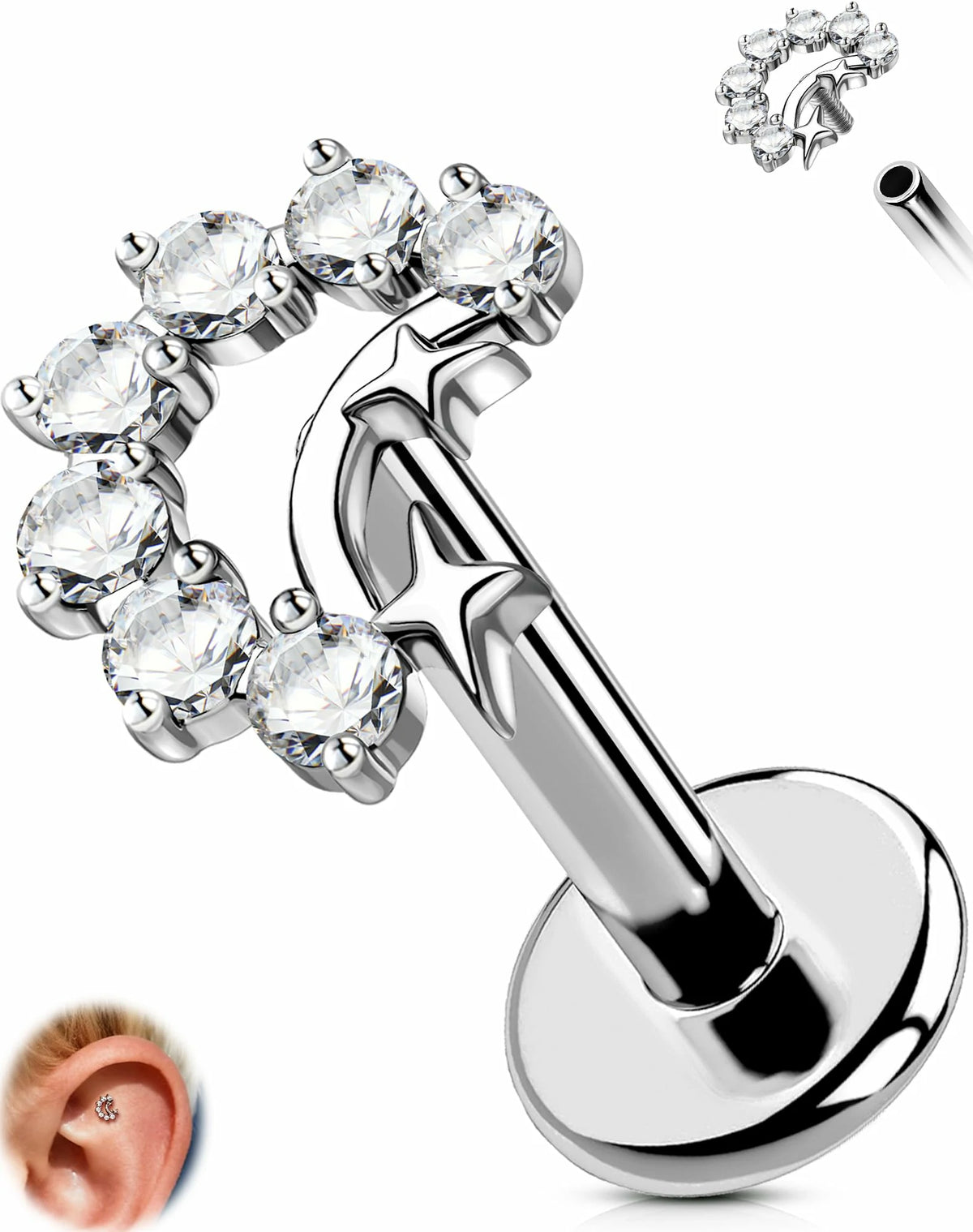 16G Moon Helix Earrings Internally Thread Conch Helix Stud Flat Back Cartilage Earring Studs