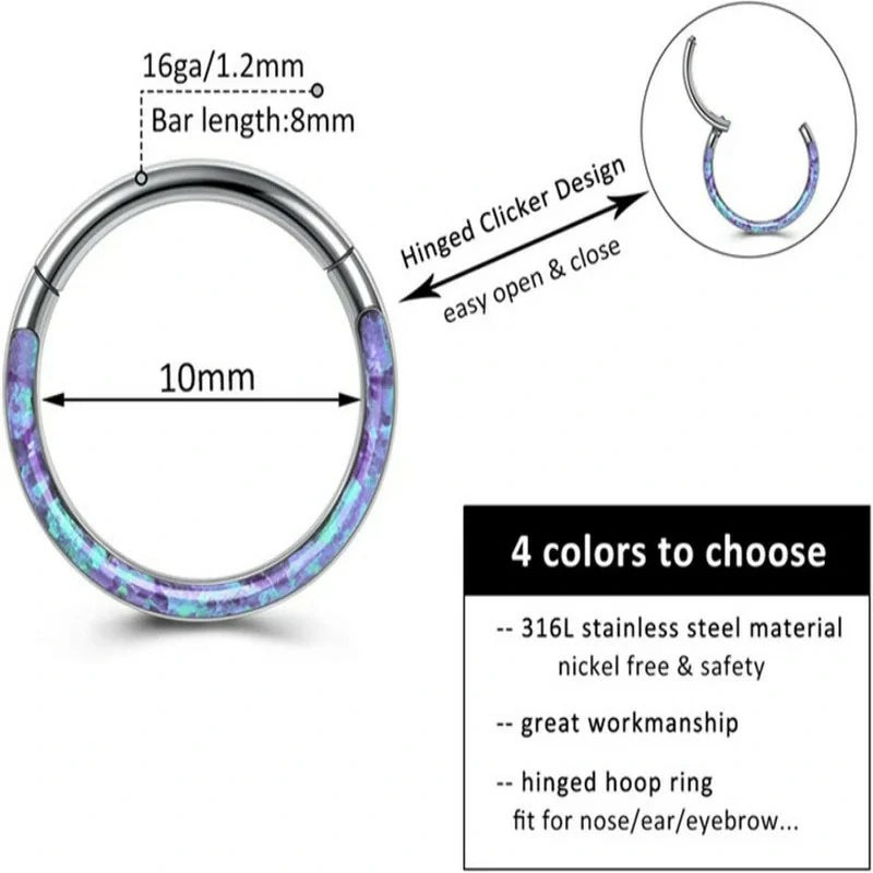 16G Opal Septum Rings Hoop Nose Ring Lip Rings Stainless Steel Hinged Segment Ring Seamless Clicker Ring Cartilage