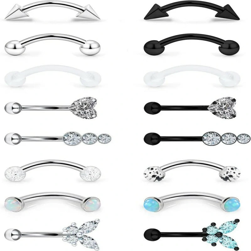 16g 8mm Silver/Black/Rainbow Eyebrow Rings Curved Barbell Vertical Labret Lip Surgical Steel Small Belly Button Snake Eyes Tongue