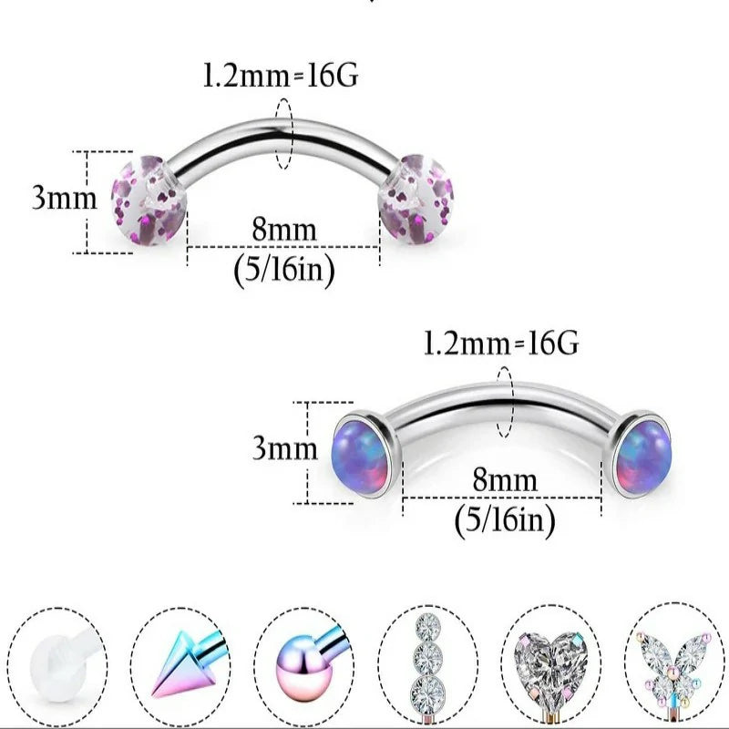 16g 8mm Silver/Black/Rainbow Eyebrow Rings Curved Barbell Vertical Labret Lip Surgical Steel Small Belly Button Snake Eyes Tongue