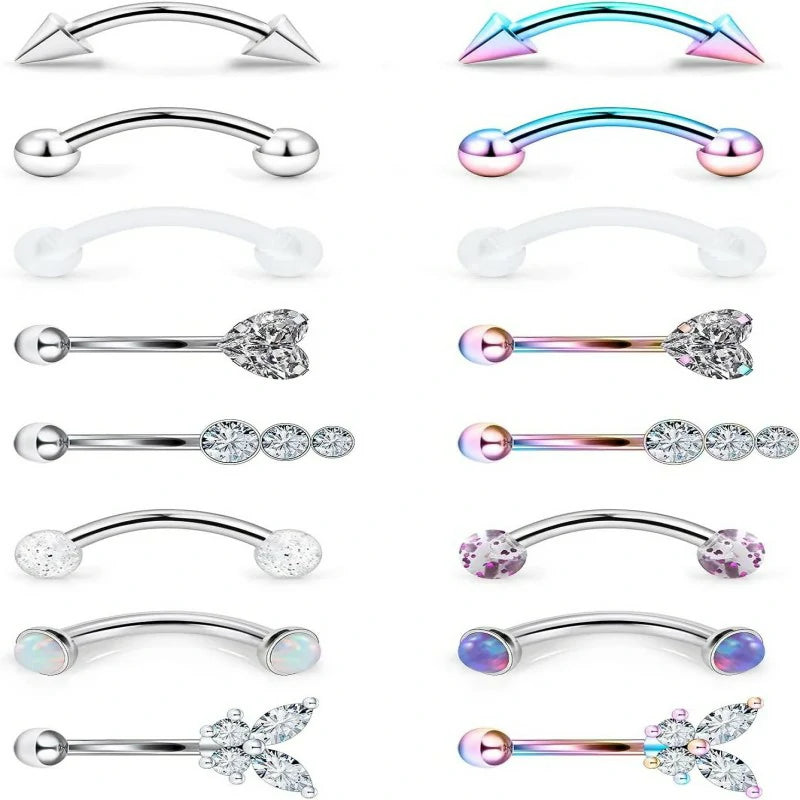 16g 8mm Silver/Black/Rainbow Eyebrow Rings Curved Barbell Vertical Labret Lip Surgical Steel Small Belly Button Snake Eyes Tongue