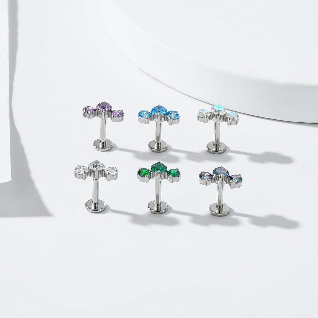 16G G23 Titanium Threadless Labret Studs Push - in Colorful CZ Labret Cluster Tragus Helix - QIAO CrystalQIAO CrystalQIAO Crystal