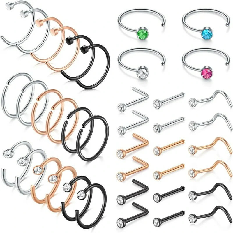 20PCS Studs Surgical Stainless Steel Hypoallergenic L Shape Hoop Rings 18 Gauge