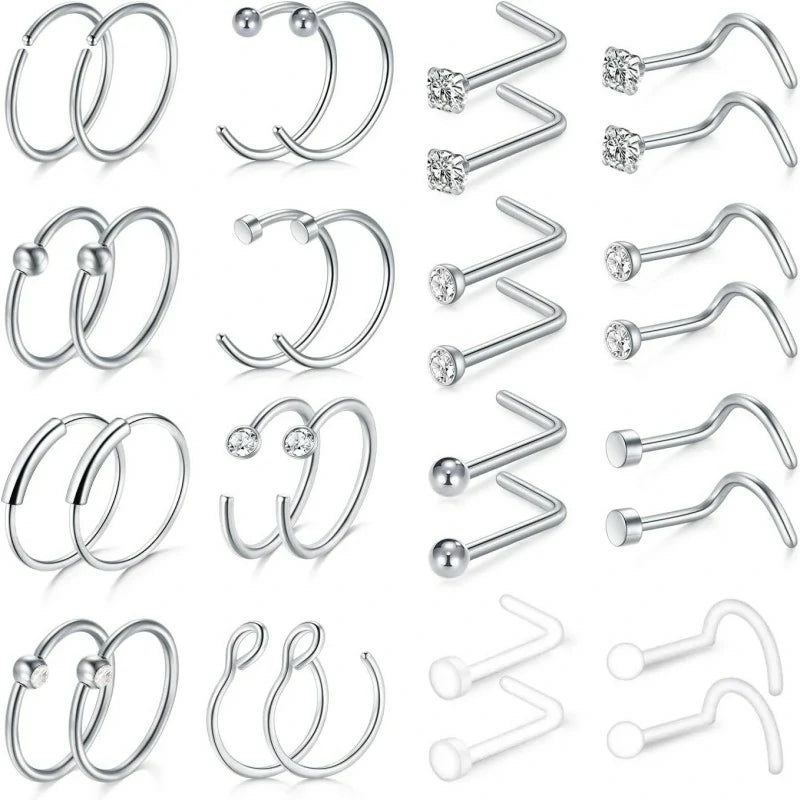 20PCS Studs Surgical Stainless Steel Hypoallergenic L Shape Hoop Rings 18 Gauge