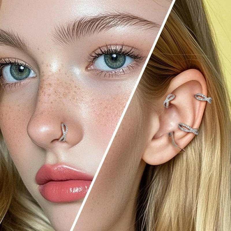 18G Double Nose Ring 316L Surgical Steel Nose Hoop Transparent CZ Helix Clicker Earring