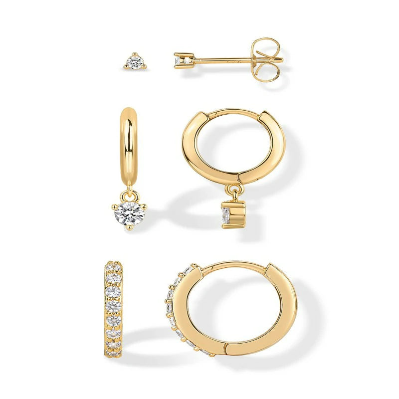 18K Gold Plated 925 Sterling Silver Posts Three Pairs Statement Earrings