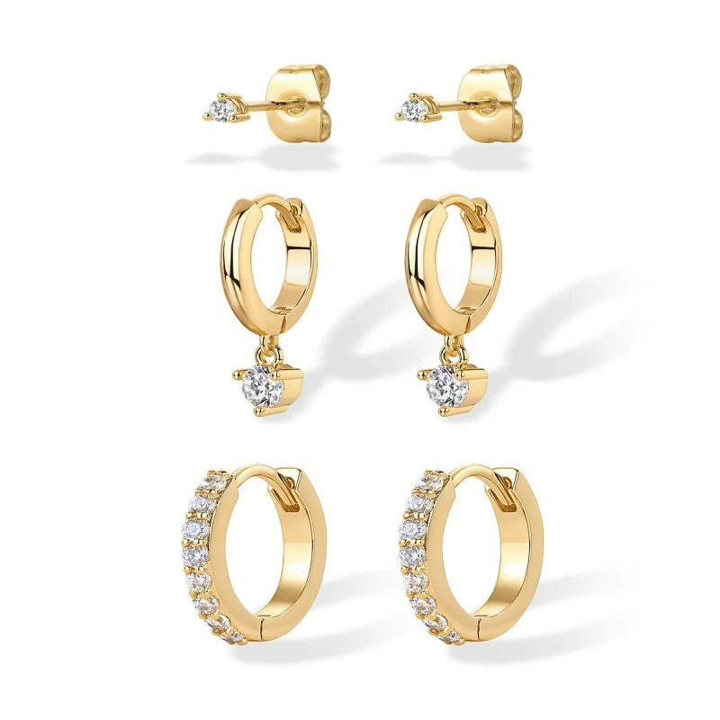 18K Gold Plated 925 Sterling Silver Posts Three Pairs Statement Earrings