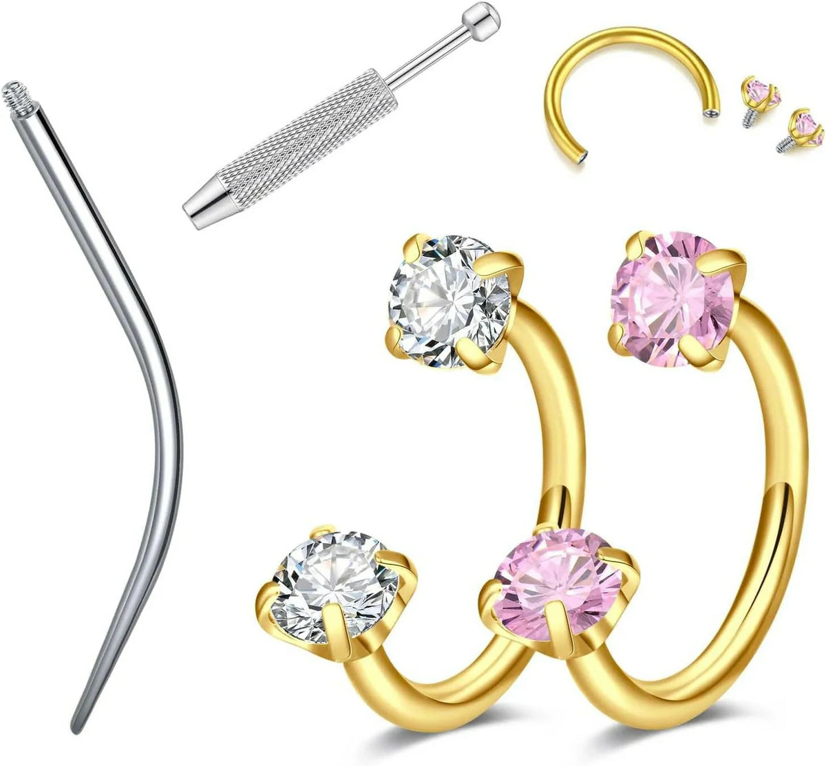 18G 20G Pink and Silver Zirconia Horseshoe Studs Surgical Steel Nose Ring
