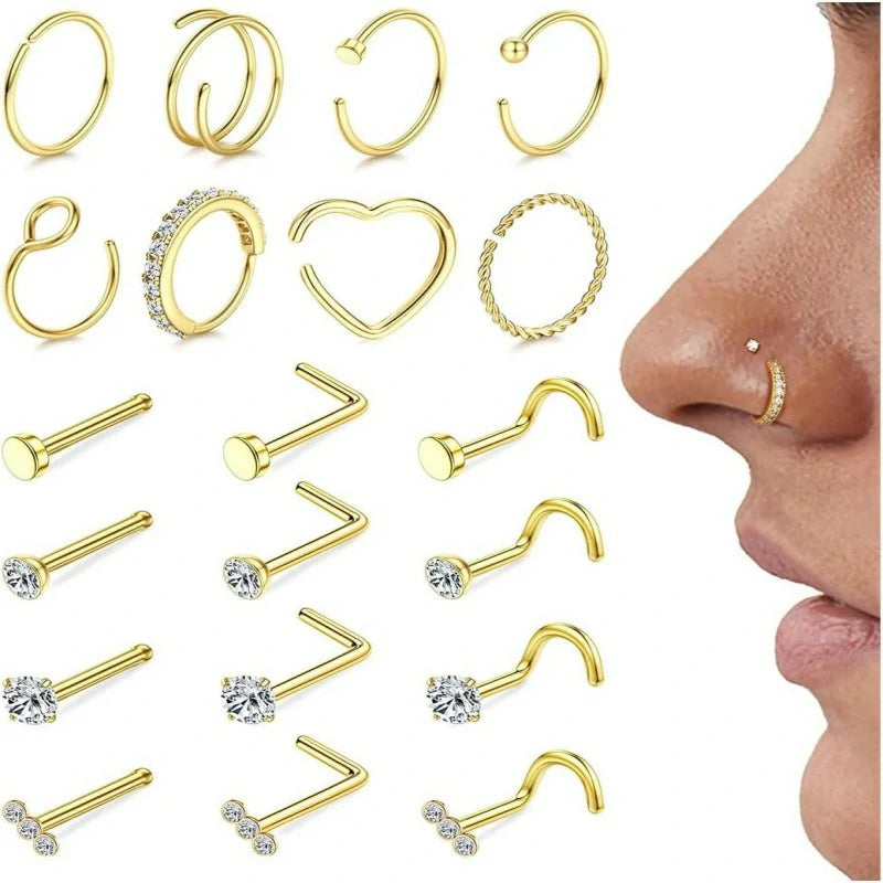 20Pcs 18g 20g Nose Rings Hoops Nose Studs for Women Men 14k Gold Plated