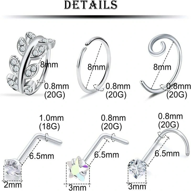 42pcs 20G Nose Rings Studs Hypoallergenic 316L Surgical Steel L Shaped Screw Nose Rings